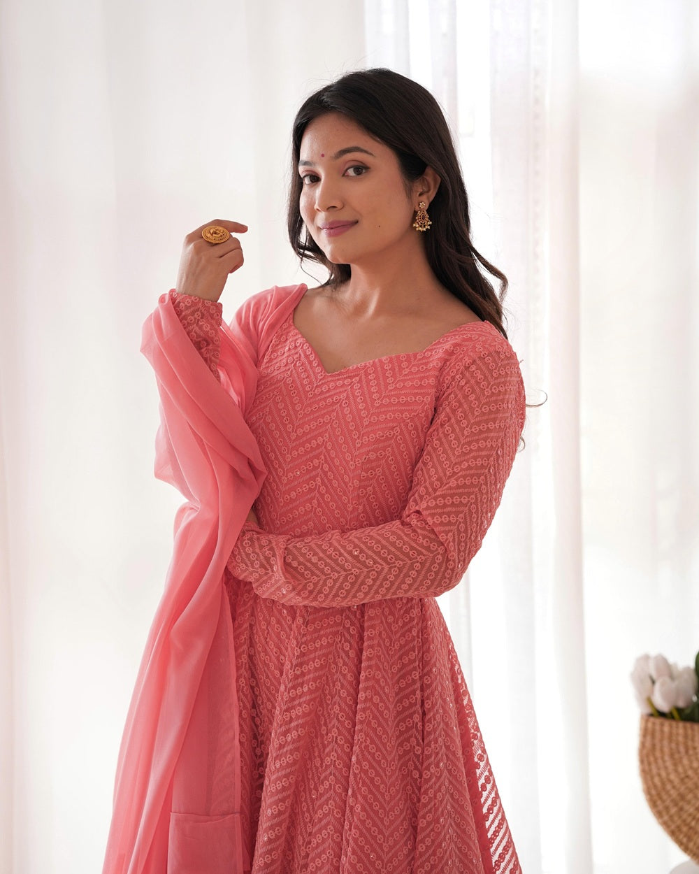 Designer Georgette Anarkali Suit Set | Lucknowi Sequence Work Anarkali with Dupatta & Pant